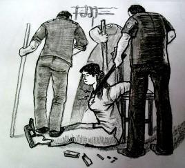 酷刑示意图：电击、棒打、踩踢